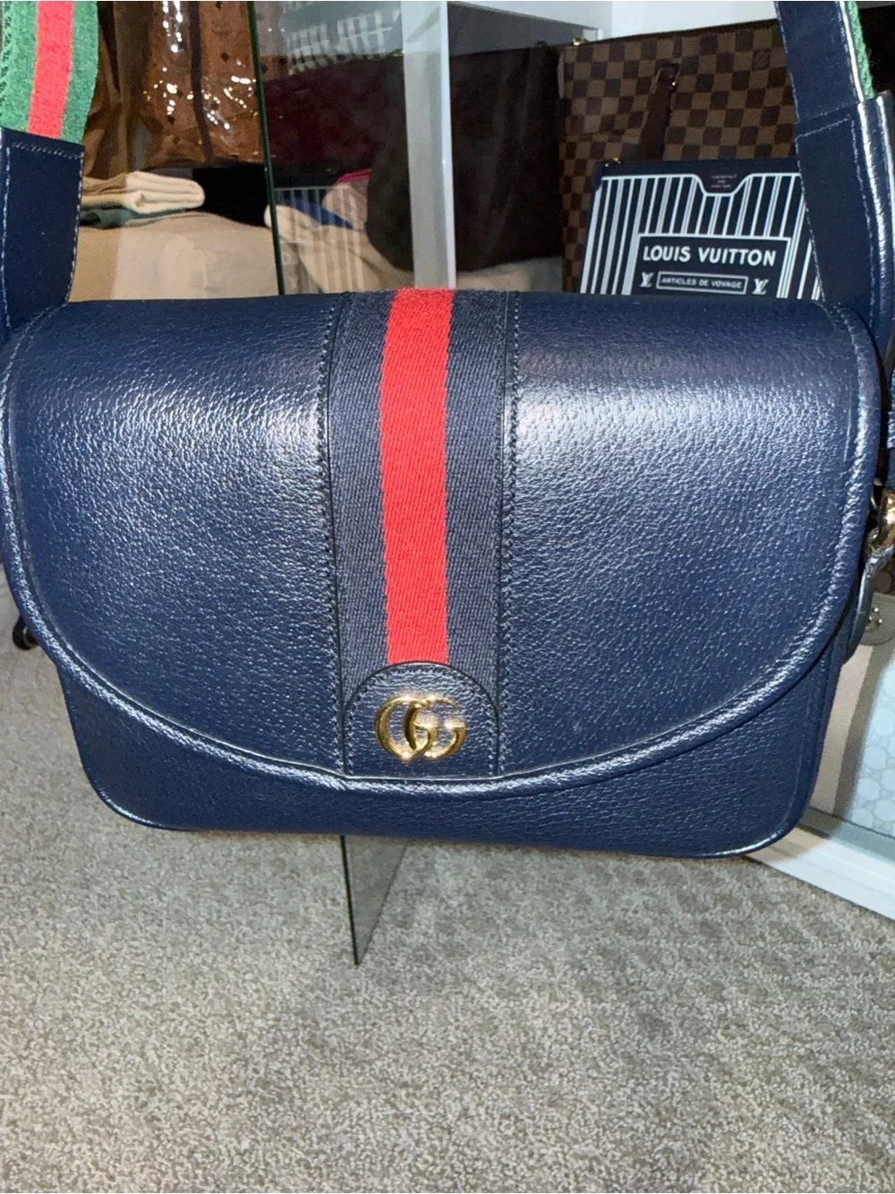 Gucci Navy Leather Crossbody with Red Stripe and Green Strap